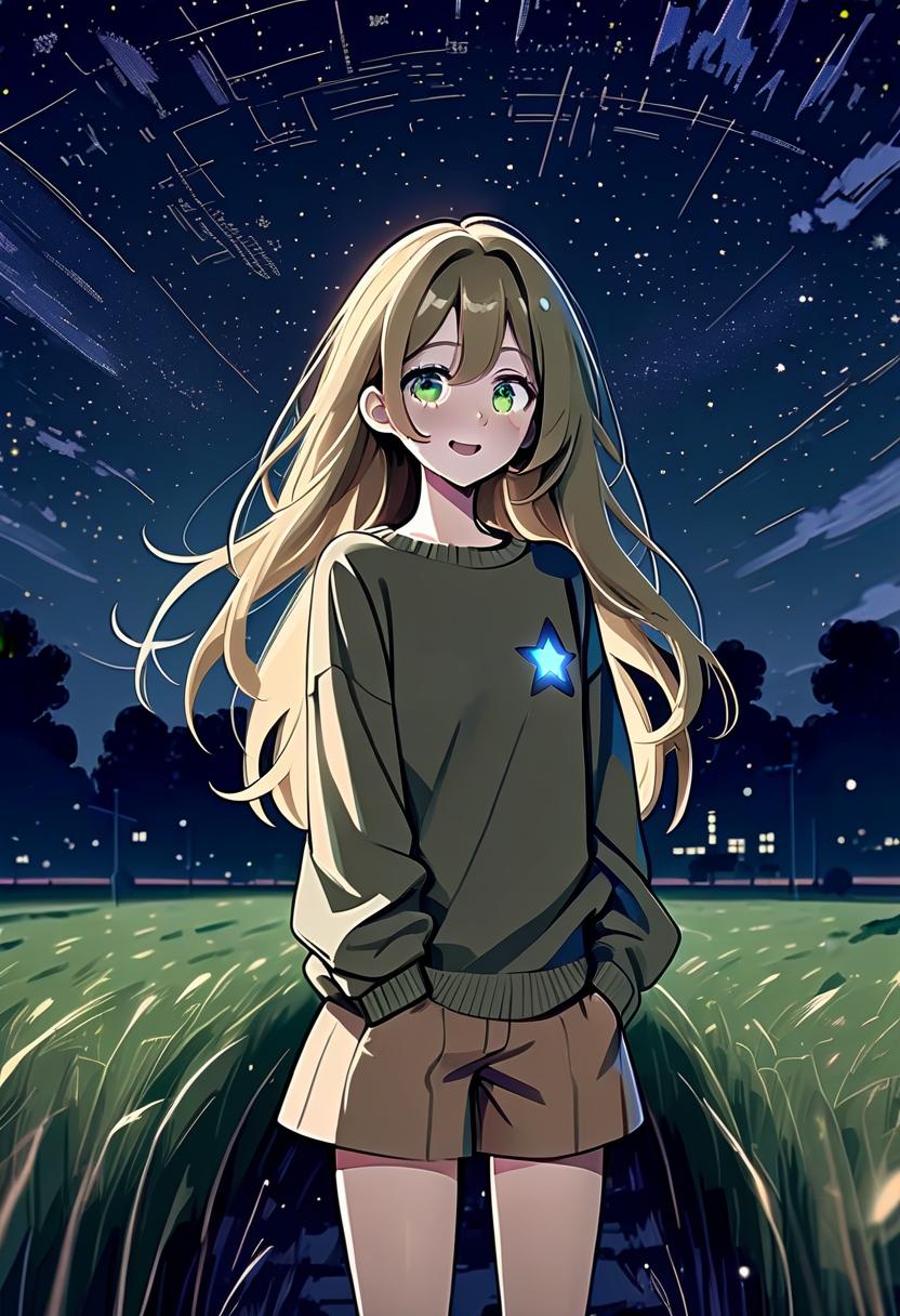  architectural style a girl in anime style with long hair stands in the middle of the field at night wearing a khaki sweater and pants. the girl looks at the starry sky at night, her eyes of a specific color are full of joy from the unknown and curiosity. her face is happy. she pulls her hand up towards the night sky. her knee high growth . clean lines, geometric shapes, minimalist, modern, architectural drawing, highly detailed