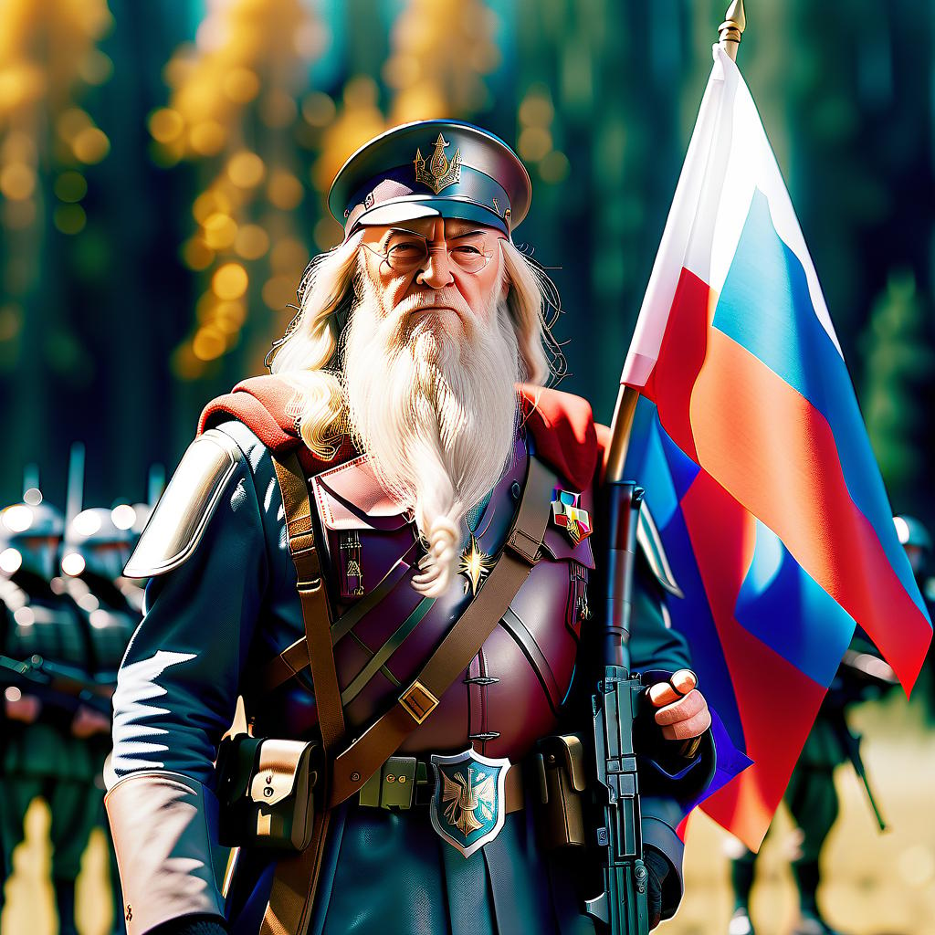  cinematic photo evil full length albus dumbledore in body armor, helmet and with an ak 47 in hand with the flag of russia . 35mm photograph, film, bokeh, professional, 4k, highly detailed