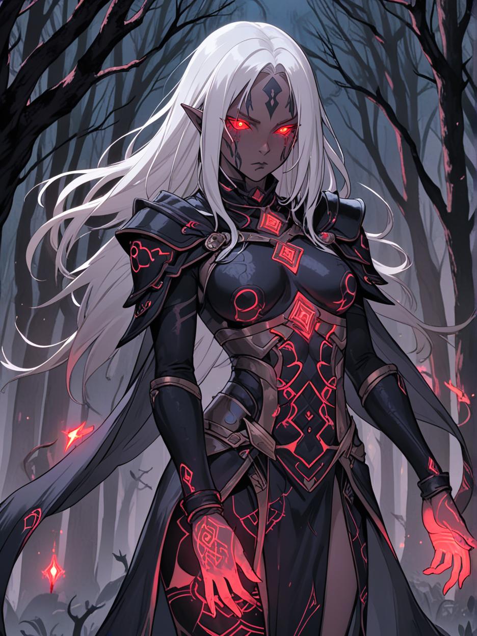  manga artwork an anime photo of a female sorceress wearing a mix of matte black metal with armor of iridescent synthetic cloths. the woman has long white hair, luminescent red eyes, gray skin, and luminescent red scars on her face. the figure is wrapped in a dark garment engraved with runes, woven with luminescent threads that pulsate with a dark red hue. below the garment, visible on the figure's neck and hands, are circuit shaped tattoos that pulsate with electric red energy, integrating seamlessly into the high tech design. the background of the photo is a dark, misty forest at night, with tall, gnarled trees and bioluminescent plants casting a mysterious light. the figure is a sentinel, exuding an aura of dark wisdom and arcane power, i