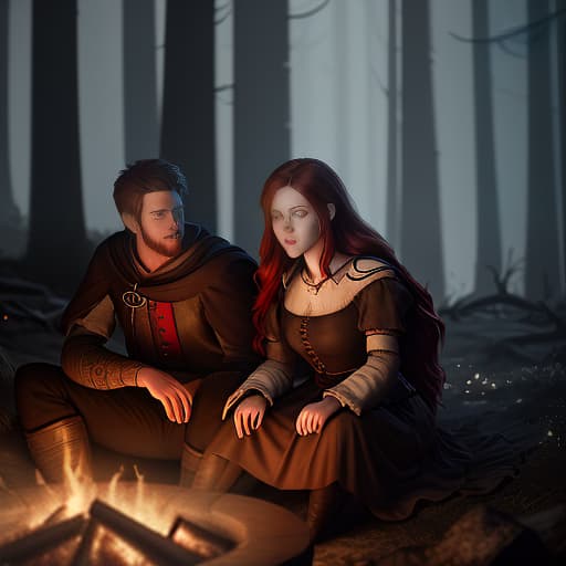  middle ages. night forest on a hill. brunette girl with black eyes and red haired guy are sitting by the fire and talking. long shot, shot 35 mm, realism, octane render, 8k, trending on artstation, 35 mm camera, unreal engine, hyper detailed, photo realistic maximum detail, volumetric light, realistic matte painting, hyper photorealistic, trending on artstation, ultra detailed, realistic