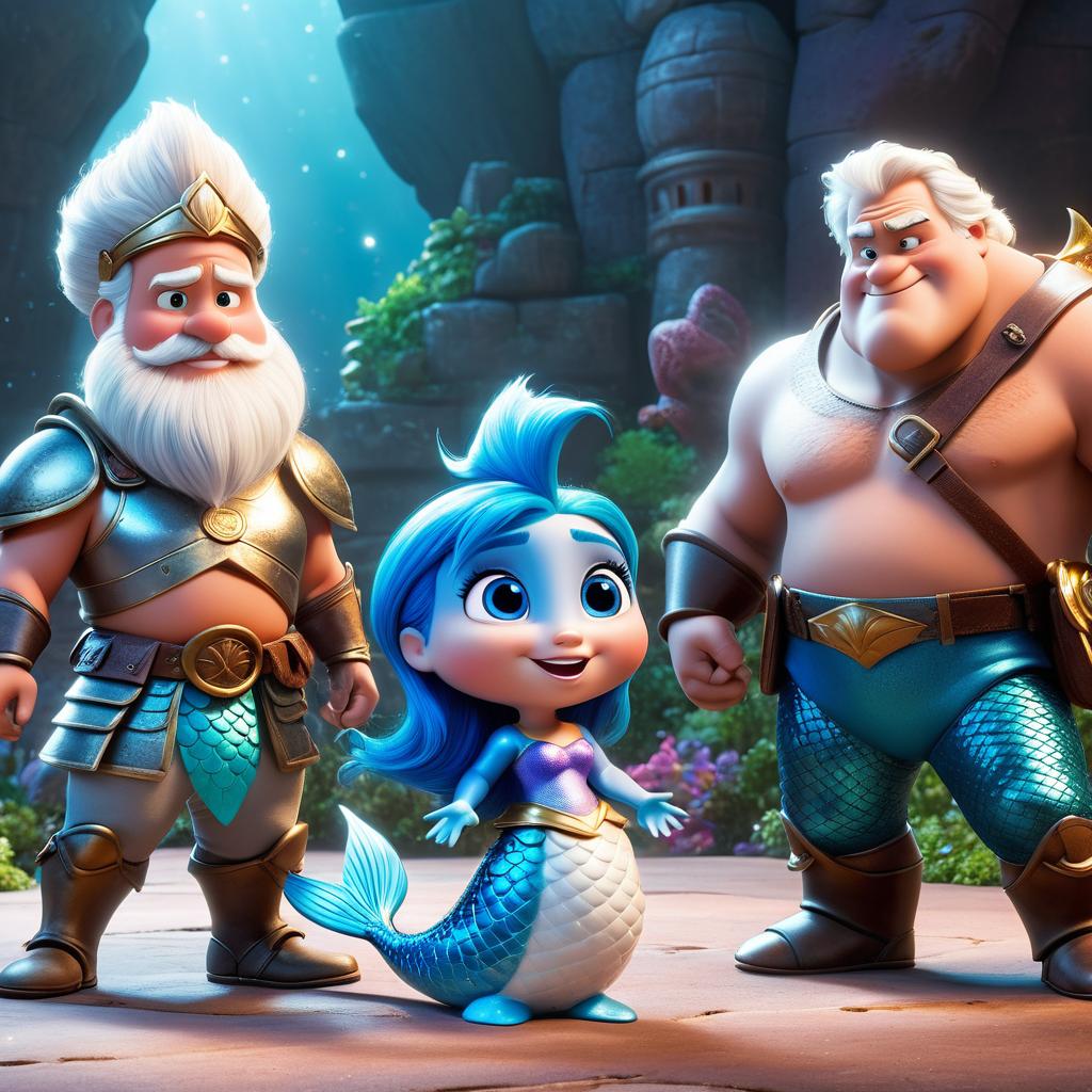  in 3d animated movie style. disney pixar style. hunain, a curious and kind old in t shirt and shorts, misty the mermaid, a and wise old in sparkling blue tail, and bobby the ve knight, a protective old in shiny armor, stand together to defeat the final boss in a mystical realm filled with magical energies. high resolution pixar 3d animation with lifelike textures and vint colors. bright, soft lights illuminate the scene, conveying a warm and fantastical atmosphere. dynamic mid level camera angle showcases the characters' teamwork and determination in action.