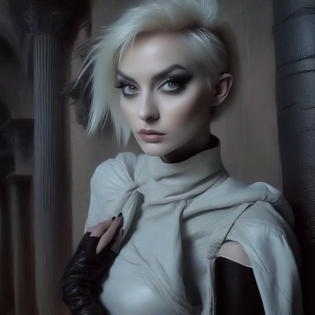  macabre style russian singer yulia parshuta in the form of a very thin elf thief with white straight short hair, in long white leather skirts, in a leather sleeve and leather shoulder pad on one hand, in full growth. in a dark room with wide columns. . dark, gothic, grim, haunting, highly detailed, perfecteyes, perfect hands