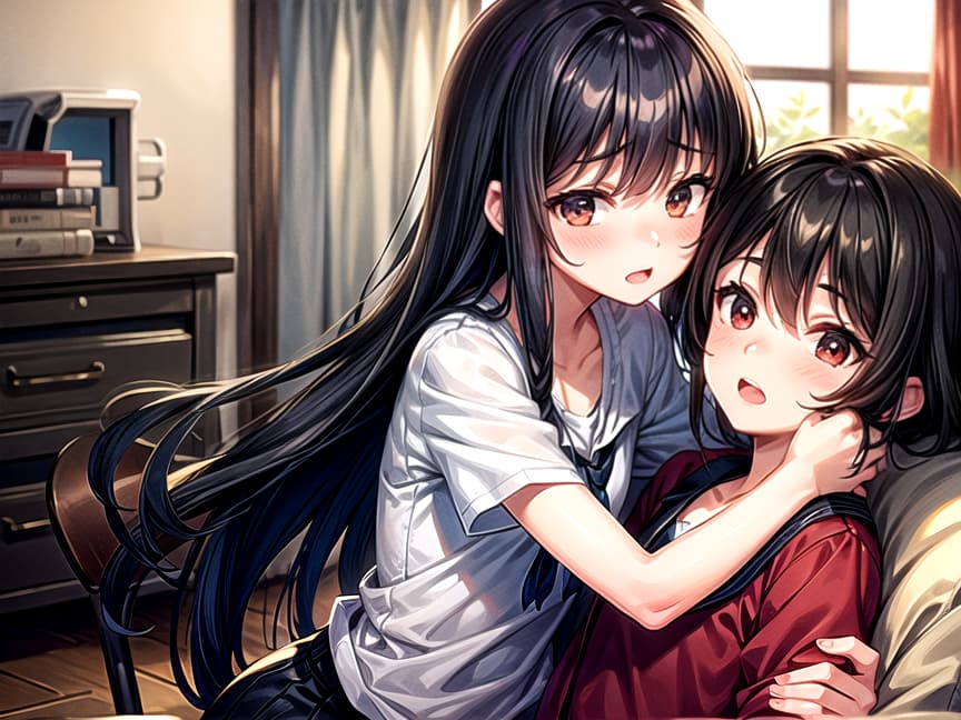  indoors, girls hugging, older, thin, small chest, bully, black hair, dim lighting, (anime:1.25)