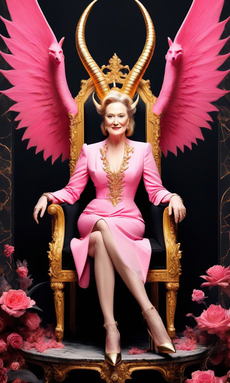  concept art pink, gold, black, white hell, near evil and demons. meryl streep with demon horns on satan's throne chic prada shoes . digital artwork, illustrative, painterly, matte painting, highly detailed, perfect hands