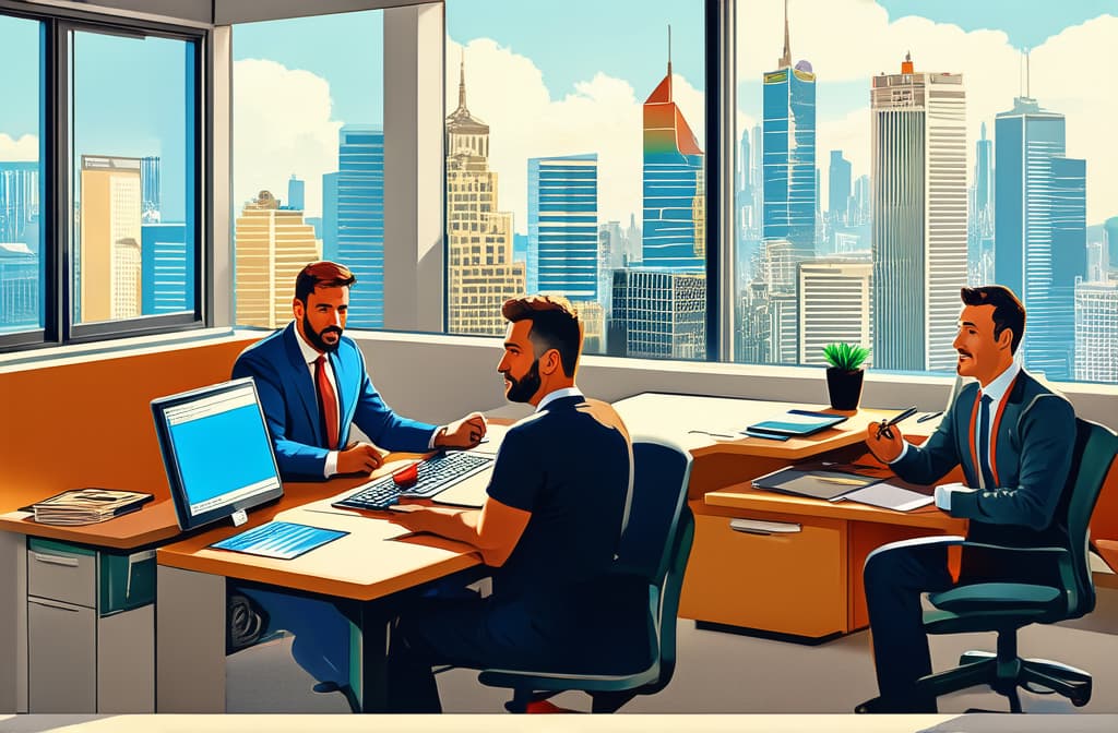  professional detailed photography, people working in office. business illustration representing busy life ar 3:2, (muted colors, dim colors, soothing tones), (vsco:0.3)