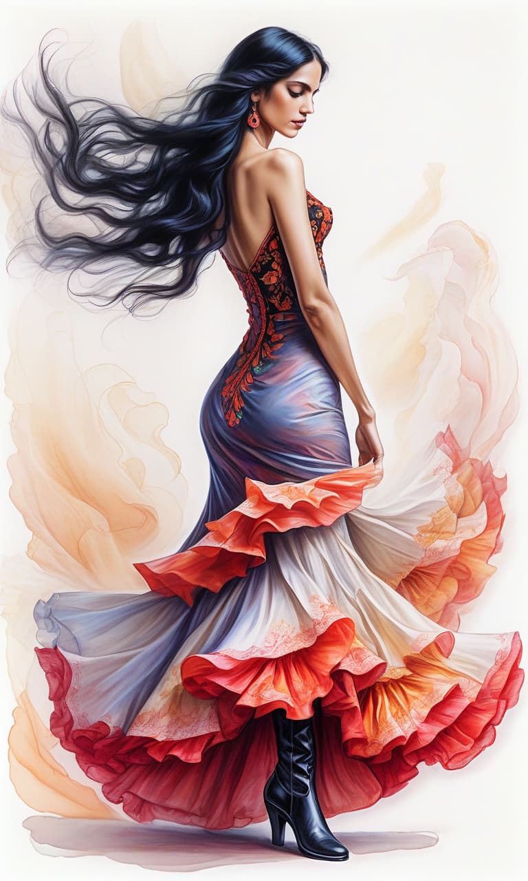  ethereal fantasy concept art of sketching with short strokes, with multicolor pencil, spanish dancer in spanish dress dancing flamenco, full length, in boots, long dress, beautiful eyes, slight smile, fine lines, elegant, on the white background. contours. long loose black hair. . magnificent, celestial, ethereal, painterly, epic, majestic, magical, fantasy art, cover art, dreamy