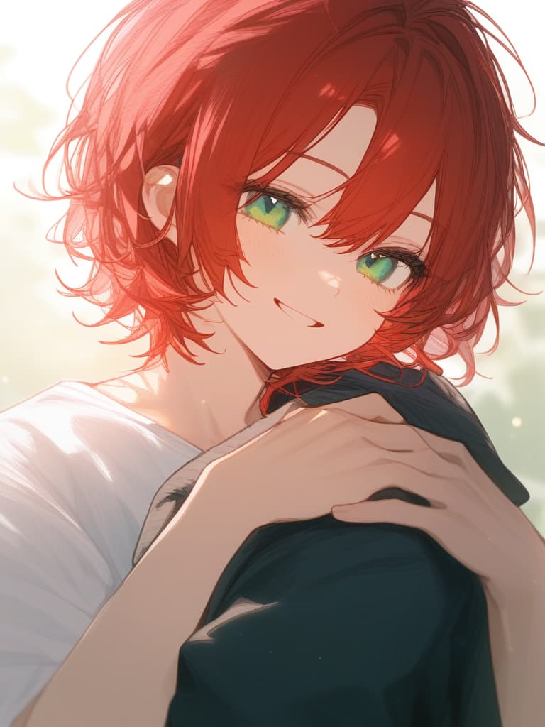  (adam’s apple:1.4),(man’s),(1boy:1.3),(red hair),(short hair:1.3),emerald green eyes,smile,(messy hair),from front,black jacket,white t shirt,ultra detailed,hair tie,froward hands,