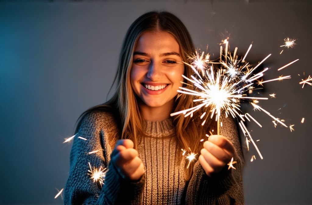  professional detailed photography, cute girl in sweater with sparklers in hands smiling ar 3:2, (muted colors, dim colors, soothing tones), (vsco:0.3)