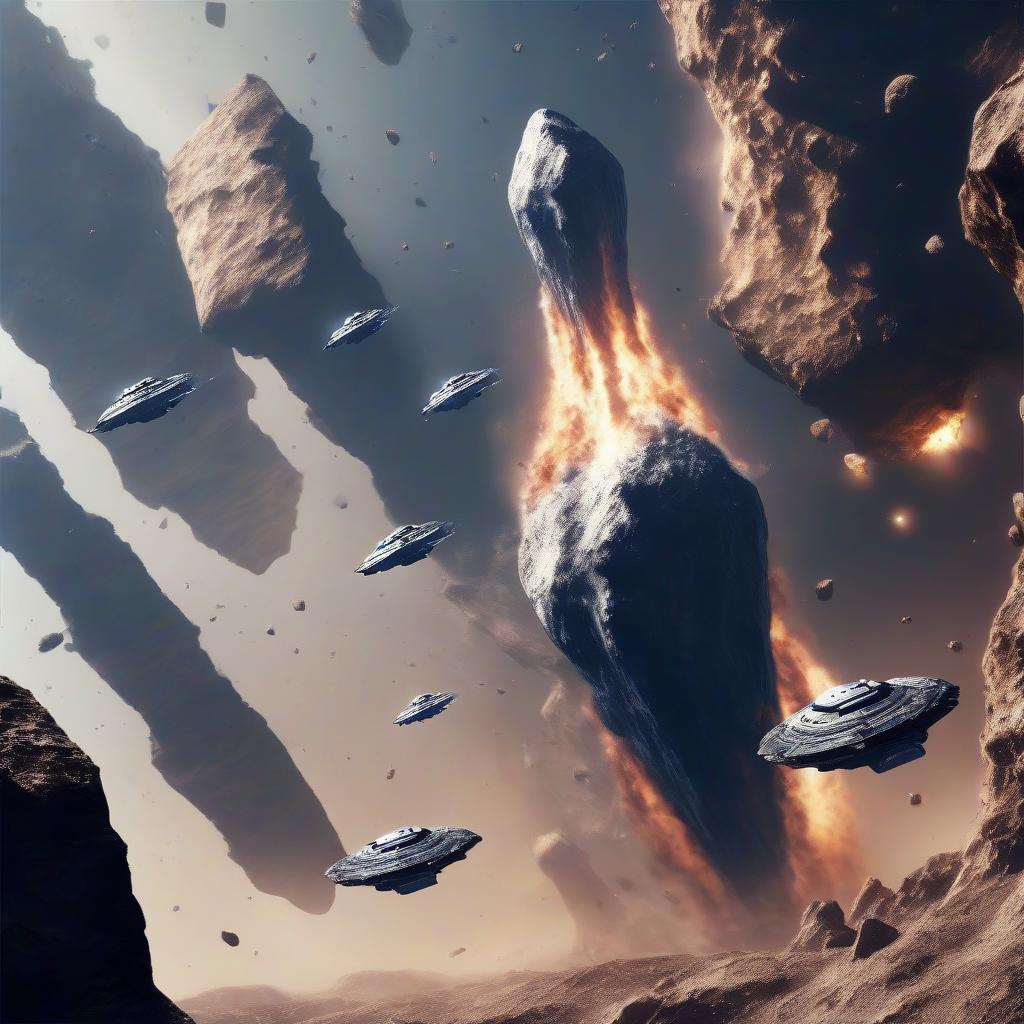  hyperrealistic art the meeting of two starships against the background of asteroids. . extremely high resolution details, photographic, realism pushed to extreme, fine texture, incredibly lifelike, hkmagic