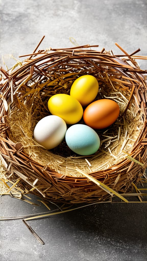  from above nest with hay and eggs on concrete background as a easter card concept ar 9:16 {prompt}, maximum details