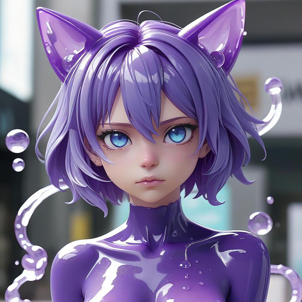  humanoid slime purple, anime style, no hair, blue eyes, cat ears, transparent slime, transparent body