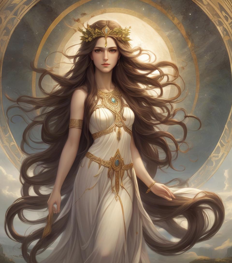  goddess of youth, with long hair and brown eyes, mythology artwork