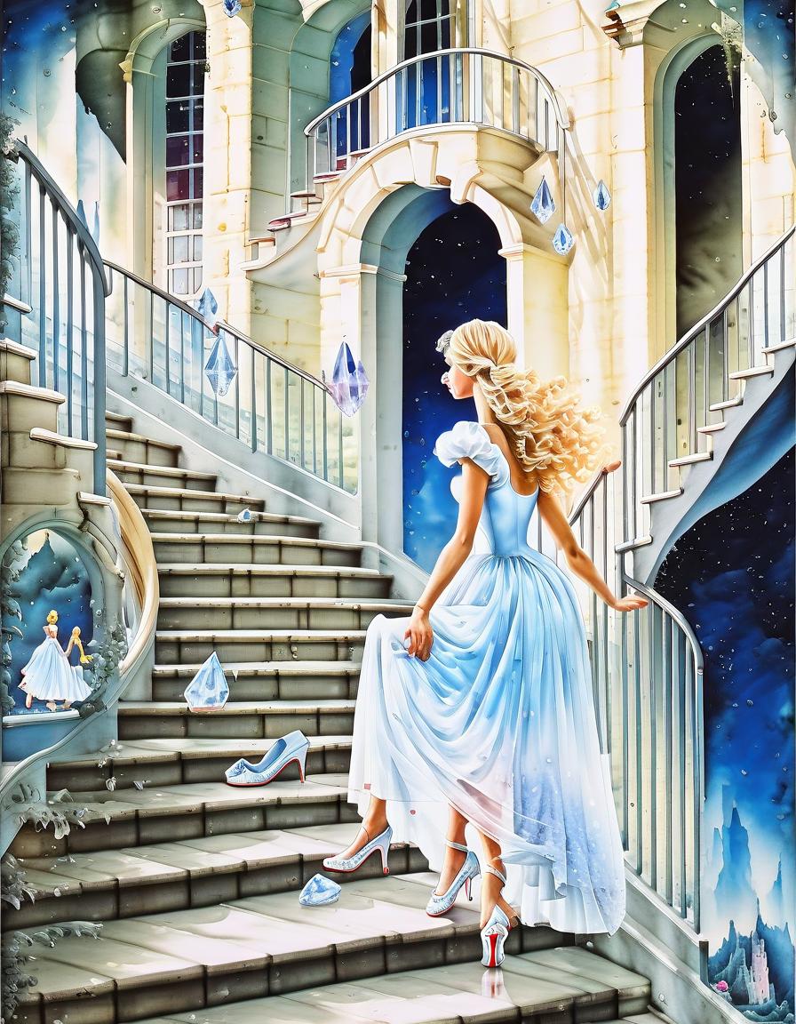  surrealist art masterpiece. (painting, watercolor. a beautiful palace, cinderella from charles perrault's fairy tale (beautiful , blonde, with loose, curly hair:1.2), in a beautiful, white maxi dress, 18th century, (wearing one crystal heeled slipper:1.5) running up the stairs, and her other crystal slipper, which she loses as she runs up the stairs, standing on a step of the stairs, close up:1.5). (intense close up:1.5). highly detailed brushstrokes, clarity. painting watercolor. spots, sweat. (style of artist sergei andriyaki:1.5). style of fantasy, fairy tales. . dreamlike, mysterious, , symbolic, intricate, detailed