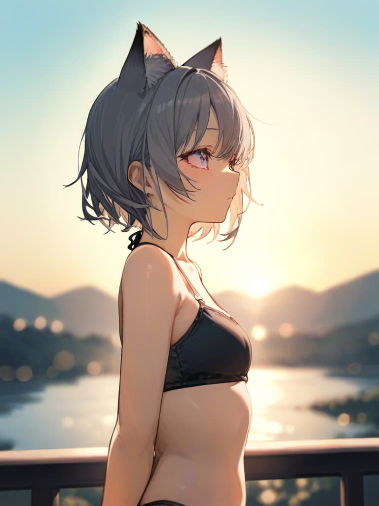  gray hair, short hair, cat ears, girls, whole body, 1 person, swimsuit, masterpiece, best quality,8k,ultra detailed,high resolution,an extremely delicate and beautiful,hyper detail