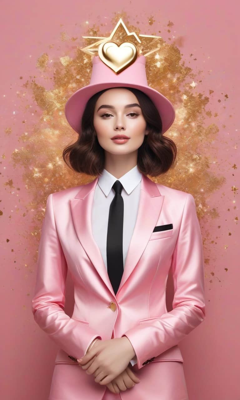  concept art color pink, white, black, gold heart in a gold suit, on the head hat in the shape of a star . digital artwork, illustrative, painterly, matte painting, highly detailed, perfect hands