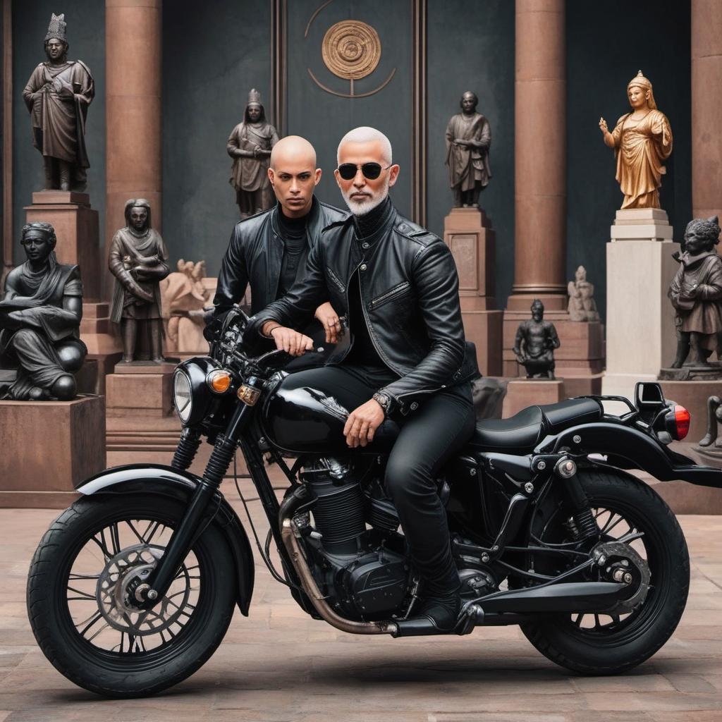  bold no hair man sitting on a black motorcycle. women with black hair very long, straight in a black dress with statues standing next to him., painting style