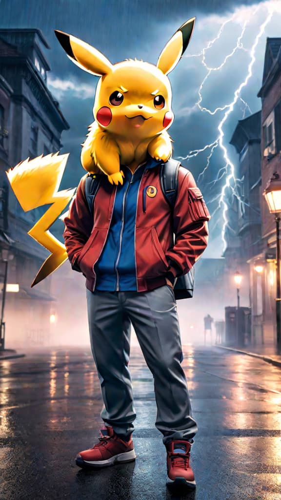  ash ketchum and pikachu from pokémon standing together with a backdrop of lightning, anime art hyperrealistic, full body, detailed clothing, highly detailed, cinematic lighting, stunningly beautiful, intricate, sharp focus, f/1. 8, 85mm, (centered image composition), (professionally color graded), ((bright soft diffused light)), volumetric fog, trending on instagram, trending on tumblr, HDR 4K, 8K