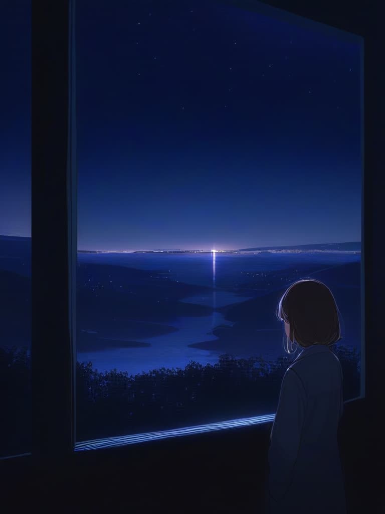   hair brown mocha looking outside window back view sky night stars visible window outside scenery night view bright sadness from separation with man evident