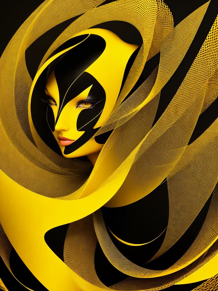  Golden yellow and sleek black color palette, captivating and inviting expression, exuding elegance and charm, magnetic beauty, intricate details, high contrast, luxurious feel, digital art, female, glossy finish, striking composition, dynamic lighting to enhance features.