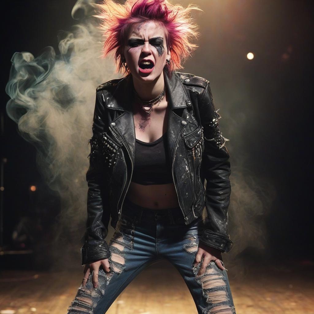  cinematic photo a punk rocker girl on stage, dressed in a torn leather jacket with studs, ripped jeans, and high top sneakers with bright laces. her face is pale, with sharp features and defined cheekbones, reflecting her inner strength and determination. her eyes are boldly outlined with black eyeliner, with deep dark shadows adding drama. her lips are covered in rich dark lipstick, with a slightly smudged outline that adds a touch of carelessness. her hair is brightly colored, disheveled, and styled in a chaotic yet purposeful mess. she stands on stage, emotionally screaming, expressing rebellion and passion. smoke swirls around her, and the lighting creates dramatic shadows, emphasizing her energetic and defiant presence. no extraneous .