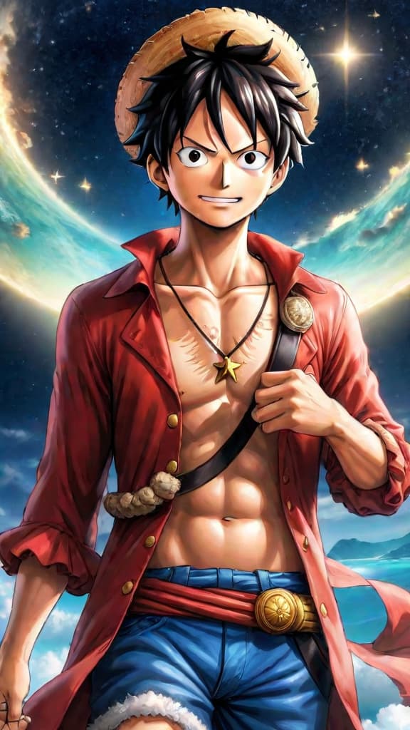  anime art: luffy follows the celestial map under the starry sky towards the prophecy of one piece. hyperrealistic, full body, detailed clothing, highly detailed, cinematic lighting, stunningly beautiful, intricate, sharp focus, f/1. 8, 85mm, (centered image composition), (professionally color graded), ((bright soft diffused light)), volumetric fog, trending on instagram, trending on tumblr, HDR 4K, 8K