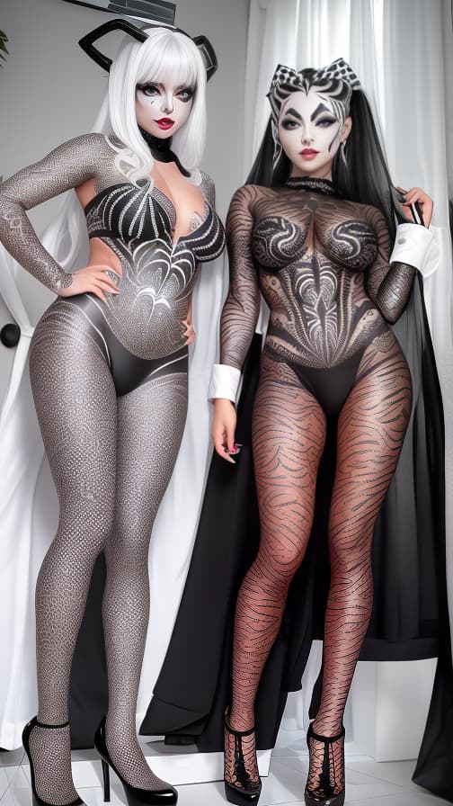  Black and White Spider-patterned body paint in every corner of the whole body, full-body, silver body paint,Silver face paint on the face,Two succubuses 女性