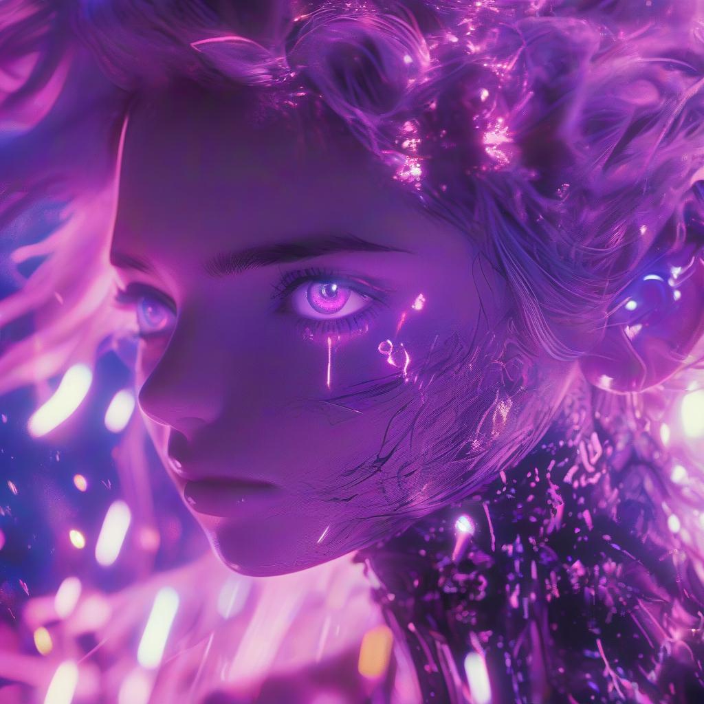  cinematic photo a close up of a person with blue eyes, artwork in the style of guweiz, led glowing purple eyes, oozing black goo, webtoon, cortana, the anime girl is running, synthetic skin, violet lighting, power auras, nezha, f 8, shinkai, art for the film in color, by kanō naizen . 35mm photograph, film, bokeh, professional, 4k, highly detailed, glowneon, hkmagic, oil painting