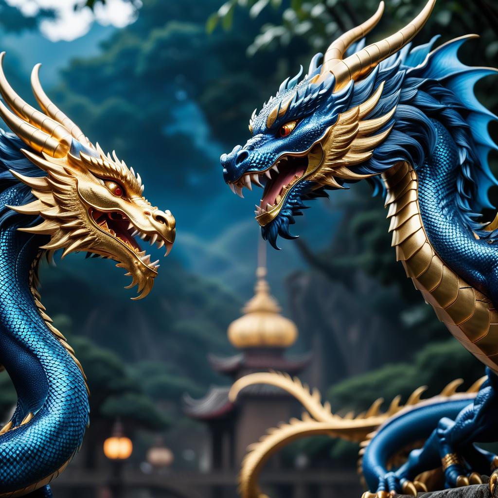  cinematic photo the golden dragon and the blue dragon fight to the death . 35mm photograph, film, bokeh, professional, 4k, highly detailed, civitai, hkmagic