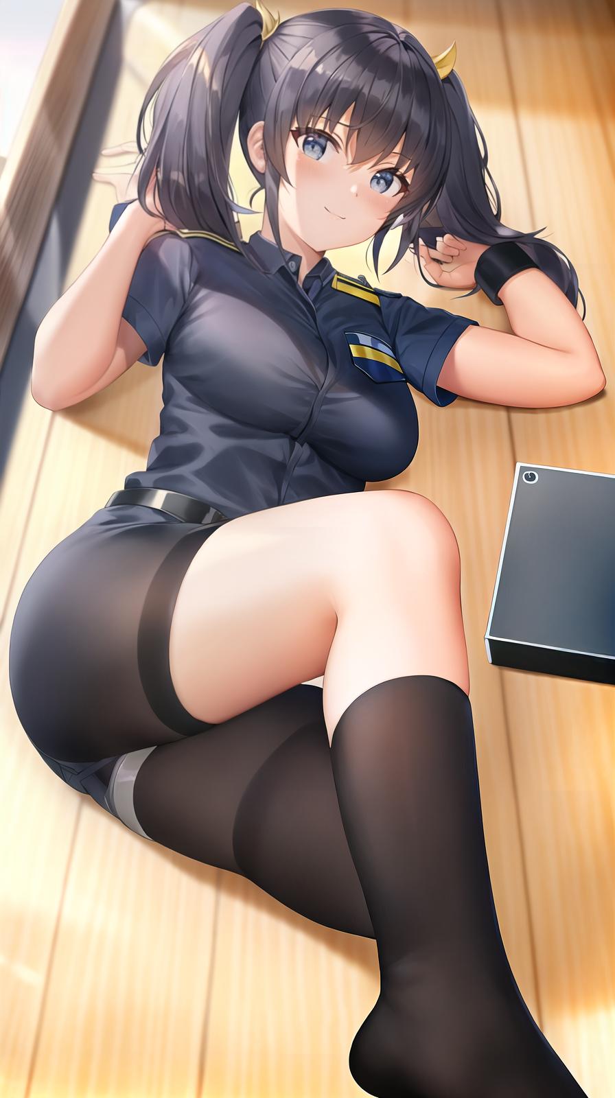  master piece , best quality,lying down, twin tail hair, female police officer