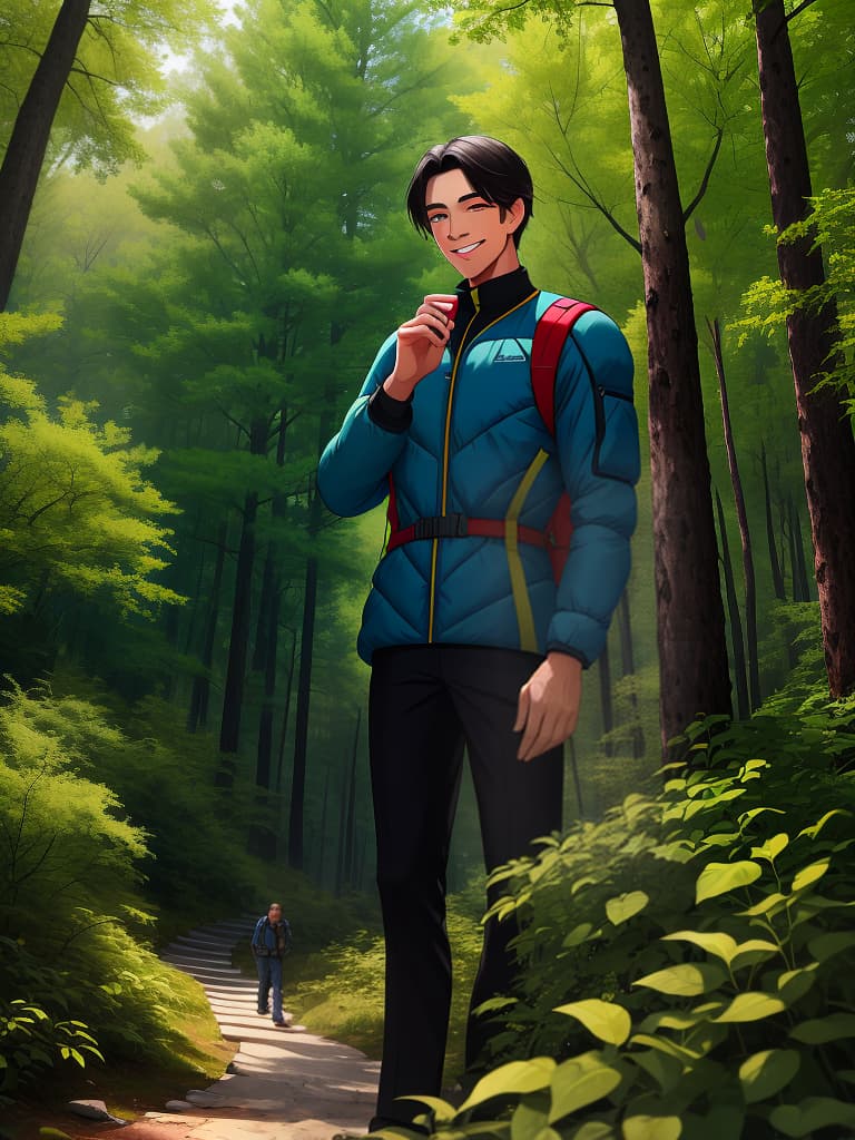  focusing on handsome, cool men, hiking, forest scenery, waist to head, smile, face, masterpiece, best quality,8k,ultra detailed,high resolution,an extremely delicate and beautiful,hyper detail