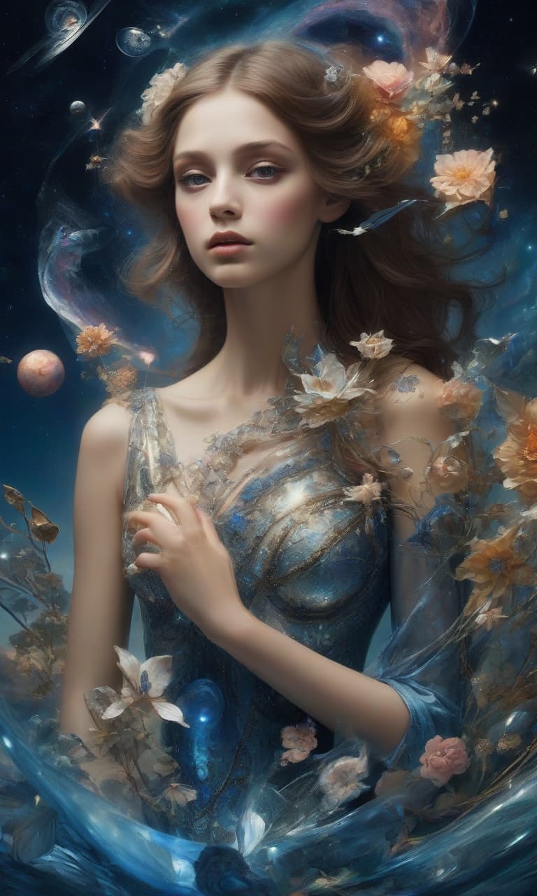  space themed digital art (double exposition: 1.3) a girl with long brown hair and brown eyes sits on the edge of an elegant crystal vase (girl: 1.5), the vase stands on an island, around the vase flowers, grass, the island lies in the blue sea. the effect of magic, mysticism, fairy tales, surrounded by fantasy art, arabesque, glitter, surge of fantasy, unearthly light effects, an exciting palette of colors, extremely detailed, in high resolution 10k. surrealism, realism, fantasy, baroque, renaissance. imagination and skill. in the manner of julia dillon, van gogh, salvador dali, mickey asai, alphonse mucha, robert bateman, thomas kincaid, fragonard. . cosmic, celestial, stars, galaxies, nebulas, planets, science fiction, highly detailed