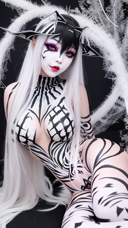  White Spider-patterned body paint in every corner of the whole body, full-body, Blark body paint, Silver face paint on the face, succubus 女の子