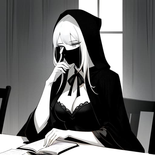  tea, madame, death with cosy, black hood, face hidden behind the hood, hands of bones, tea at the table, pencil drawing, black and white, b&w, low detail, sketch, concept art, manga style, anime style, line art, webtoon, manhua, chalk, hand drawn, defined lines, simple shades, simplistic, manga page, minimalistic hyperrealistic, full body, detailed clothing, highly detailed, cinematic lighting, stunningly beautiful, intricate, sharp focus, f/1. 8, 85mm, (centered image composition), (professionally color graded), ((bright soft diffused light)), volumetric fog, trending on instagram, trending on tumblr, HDR 4K, 8K