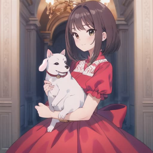  master piece , best quality,woman in red dress holding a dog.