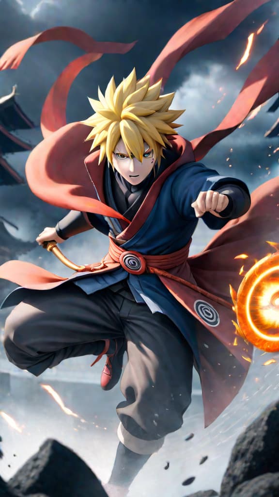  anime art of minato namikaze using flying raijin jutsu against fugaku uchiha's sharingan in battle. hyperrealistic, full body, detailed clothing, highly detailed, cinematic lighting, stunningly beautiful, intricate, sharp focus, f/1. 8, 85mm, (centered image composition), (professionally color graded), ((bright soft diffused light)), volumetric fog, trending on instagram, trending on tumblr, HDR 4K, 8K