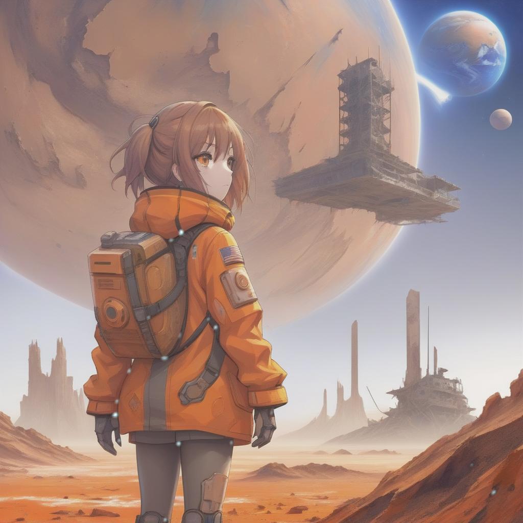  anime artwork anime image of a girl standing on the orange surface of mars, in a post apocalyptic landscape with ruined buildings, space art, the ruins, after a battle . anime style, key visual, vibrant, studio anime, highly detailed