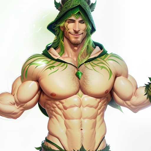  Muscular druid, wearing dark green clothing with a green hood. Around him is a green magical aura. He is smiling. He is wearing a green hood on his head. hyperrealistic, full body, detailed clothing, highly detailed, cinematic lighting, stunningly beautiful, intricate, sharp focus, f/1. 8, 85mm, (centered image composition), (professionally color graded), ((bright soft diffused light)), volumetric fog, trending on instagram, trending on tumblr, HDR 4K, 8K