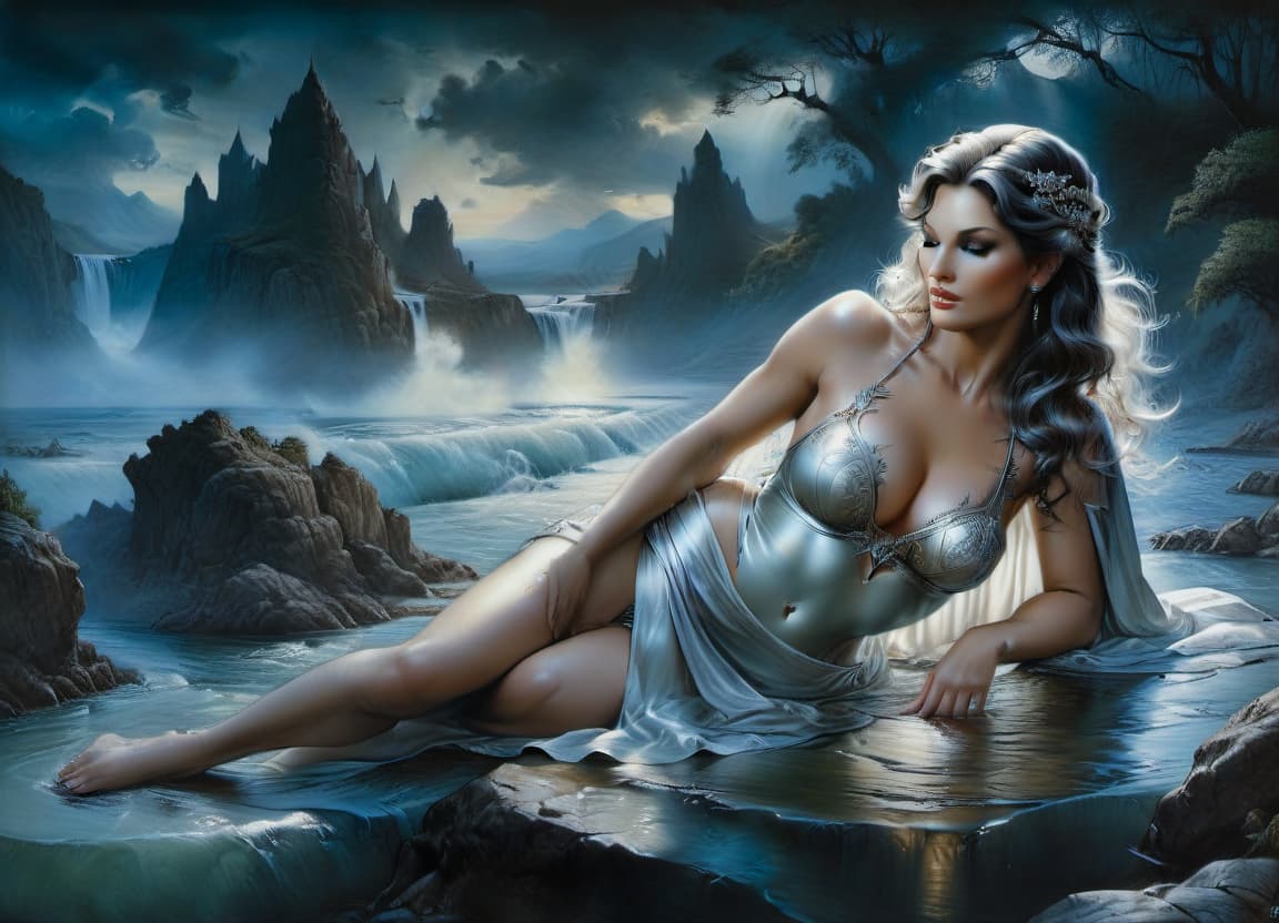  hyperrealistic art professional, realistic drawing in the style of drawings by boris vallejo,julia bell,a masterpiece, a work of art;a river nymph reclining in an elegant pose, a very beautiful face, a magnificent bust covered with a cape,bulging buttocks covered with a tunic,lush hips, embossed shins,muscular calves,rear view,close up,around an amazingly beautiful,fabulous setting.perfect image detail,highest quality,atmospheric,filigree,lots of detail,fine ink drawing,attention to detail.professional, realistic drawing in the style of drawings by boris vallejo, julia bell,a masterpiece, a work of art. . extremely high resolution details, photographic, realism pushed to extreme, fine texture, incredibly lifelike, on parchment, oil painting