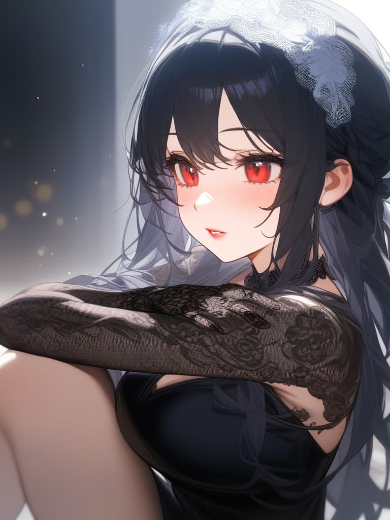  masterpiece,1girl,black hair,red eyes,long hair,slender,black dress,head dress,lace gloves,black lace,lips,