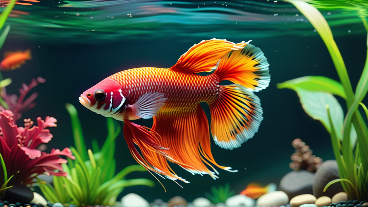  a serene fishbowl scene featuring a colorful betta fish gracefully swimming among vibrant aquatic plants, with pebbles at the bottom and soft natural light filtering through, creating a peaceful atmosphere. hyperrealistic, full body, detailed clothing, highly detailed, cinematic lighting, stunningly beautiful, intricate, sharp focus, f/1. 8, 85mm, (centered image composition), (professionally color graded), ((bright soft diffused light)), volumetric fog, trending on instagram, trending on tumblr, HDR 4K, 8K