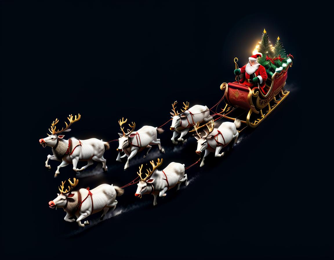  professional 3d model christmas, santa is riding in a sleigh pulled by a herd of reindeers . octane render, highly detailed, volumetric, dramatic lighting, civitai hyperrealistic, full body, detailed clothing, highly detailed, cinematic lighting, stunningly beautiful, intricate, sharp focus, f/1. 8, 85mm, (centered image composition), (professionally color graded), ((bright soft diffused light)), volumetric fog, trending on instagram, trending on tumblr, HDR 4K, 8K