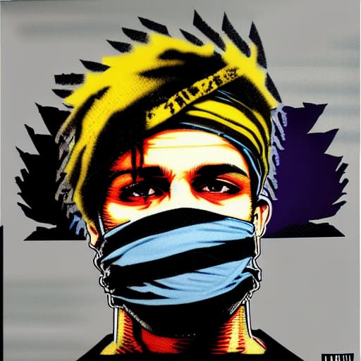  arafed image of a man with a blue bandana covering his face, kid a, capitol riot, punk art, style of shepherd fairey, islandpunk, raised fist, art cover, style of banksy, flag in hands up, techno punk, reallism, wlop |, industrialpunk papier colle, propaganda print, (ukrainian symbols)