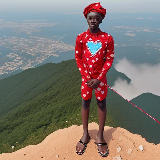  A Ghanaian boy standing beside a clean decorated human heart on top of a mountain