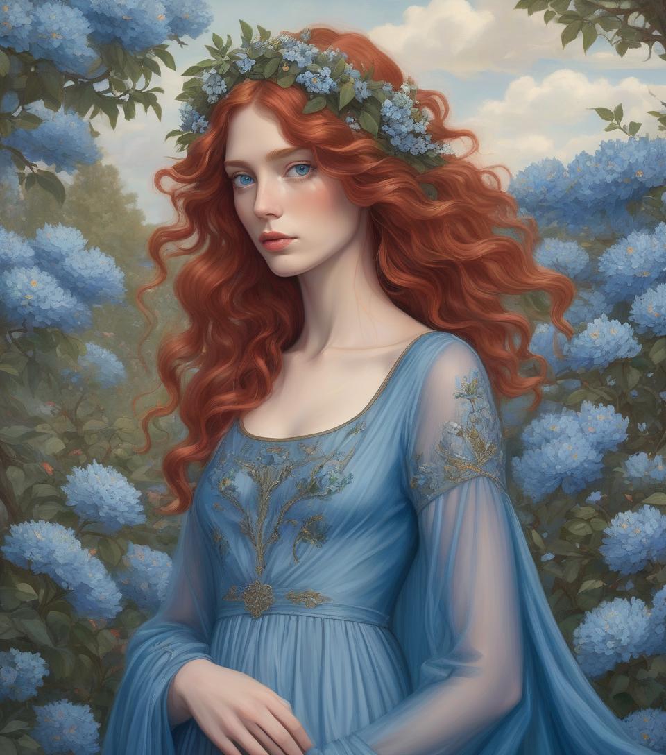  concept art a painting of a woman with flowing red hair, blue attire, and a floral crown standing among blue blossoms. create a portrait of a woman with detailed eyes in the style of the pre raphaelite brotherhood. she has botticelli style wavy, voluminous auburn hair, adorned with small blue flowers. she is dressed in a blue gown with a sheer, diaphanous over dress that flows elegantly, complementing the flowers in her hair. her fair skin, striking green eyes, red cupid's bow lips, and contemplative expression enhance her serene beauty. the pastoral background is romantic and ethereal, with weeping trees, soft hued flowers and clouds, demonstrating a reverence for natural beauty. this artwork blends realism with fantasy, resulting in a cap