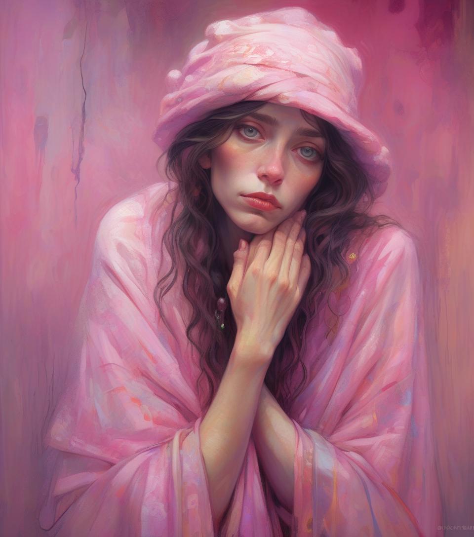  concept art oil painting portrait fashionable homeless woman, by gustav klimt, sad, romantic, breathtaking, by anna dittman, by gustav klimt, pink . digital artwork, illustrative, painterly, matte painting, highly detailed