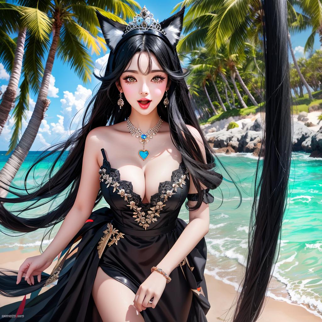  , body, , black hair, tiara, heart shaped pupils, fox ears, makeup, beach, tongue out, mouth open, border, pov, best quality, accurate photo realistic, highly intricate and detailed, masterpiece, ultra high res,photography,8k resolution