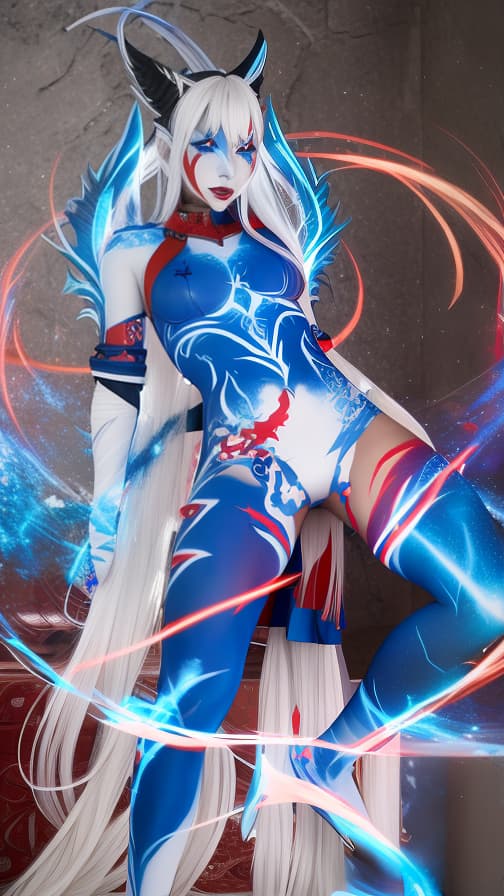  Blue and red flame pattern body paint in every corner of the whole body,Grey body paint full body, White flame pattern face paint on the face, two dark elf, full body image 女性