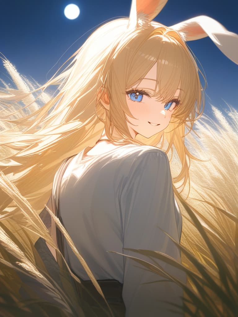  blond, girl, blue eyes, moon watching, pampas grass, smiling, rabbit, rabbit ears, masterpiece, best quality,8k,ultra detailed,high resolution,an extremely delicate and beautiful,hyper detail