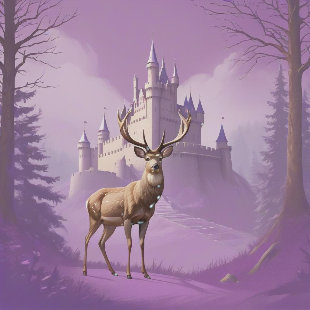  forest deer guards the castle at the entrance on a purple background