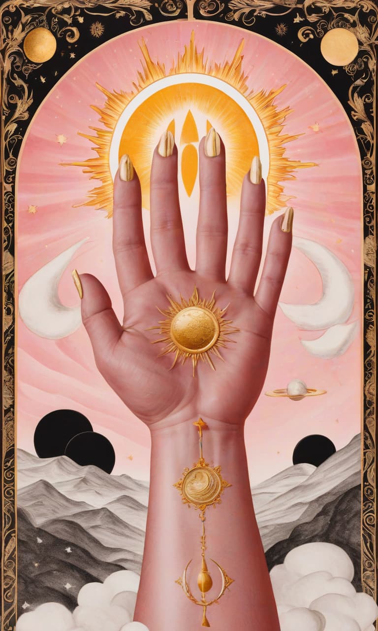  pink, gold, black, white tarot the hand holds the sun and the moon, perfect hands